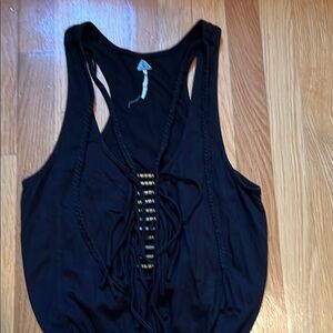 Black Sleeveless Top with Fringe Detail